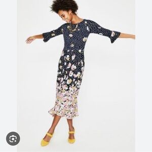 Boden Navy Floral Dip-Dye Midi Dress with Pink and Yellow Accents
